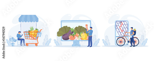 Grocery food delivery illustration set. Character buying online fresh organic vegetables and grocery items, putting in shopping basket or trolley and receiving delivery.set  flat vector modern illustr