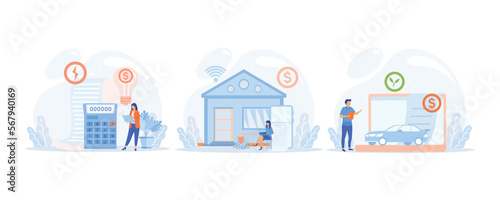 Sustainability illustration set. Characters calculating and paying electricity, utilities and household invoice bills. Home finances management and sustainable housing concept. set flat vector modern