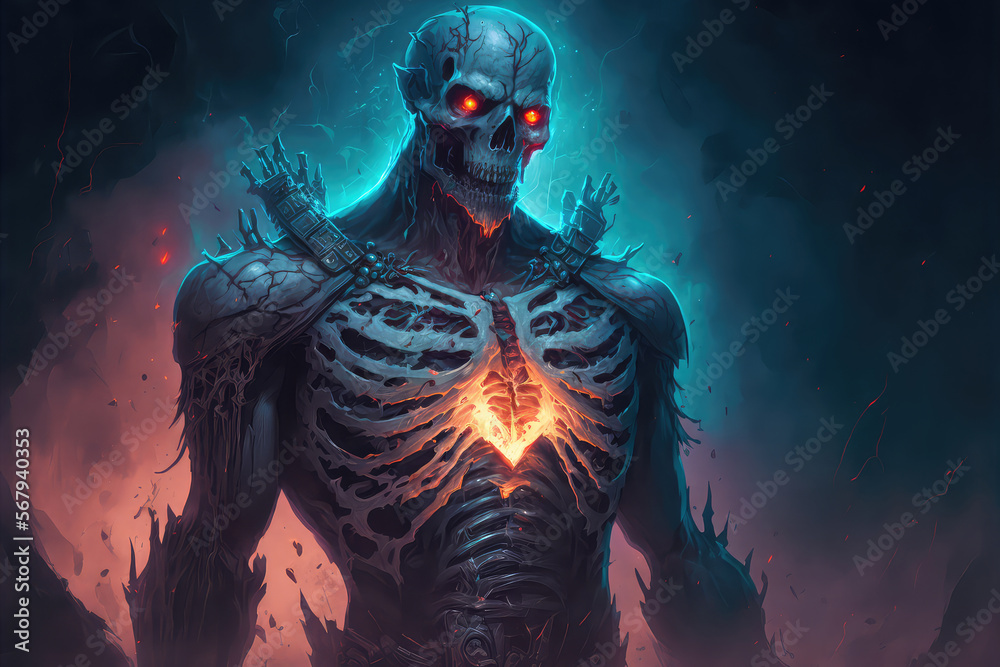 A sinister devastated necromancer in a spiked hood and a torn cloak over hundreds of rising zombie corpses on the battlefield among the ruins art (ai generated)