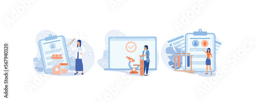 Medical tests illustration set. Laboratory doctor or chemist testing patients urine and blood samples and saving lab results online. Health care and medicine concept.set  flat vector modern illustrati