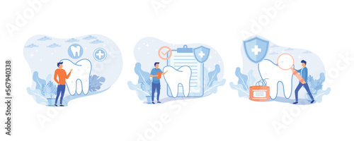 Dental care illustration set. Doctor dentist and medical staff taking care about teeth. Professional teeth cleaning, treatment and oral hygiene. Health dental insurance concept.set  flat vector modern