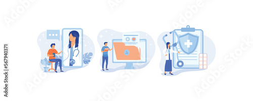 Medical illustration set. Doctor in hospital presenting patients EMRs, health insurance and other online medical services. Electronic health record concept.set  flat vector modern illustration
