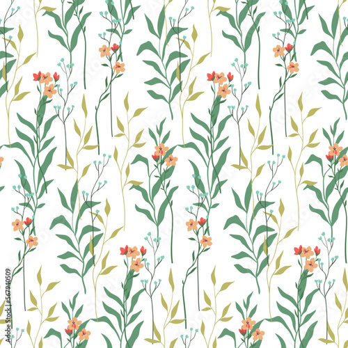 Seamless floral pattern, delicate flower print with spring botany. Beautiful botanical design with hand drawn wild plants: small flowers, leaves, branches on a white background. Vector illustration.