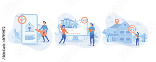Real estate search illustration set. Characters searching and choosing apartment or house for renting or buying. Property market concept. set  flat vector modern illustration