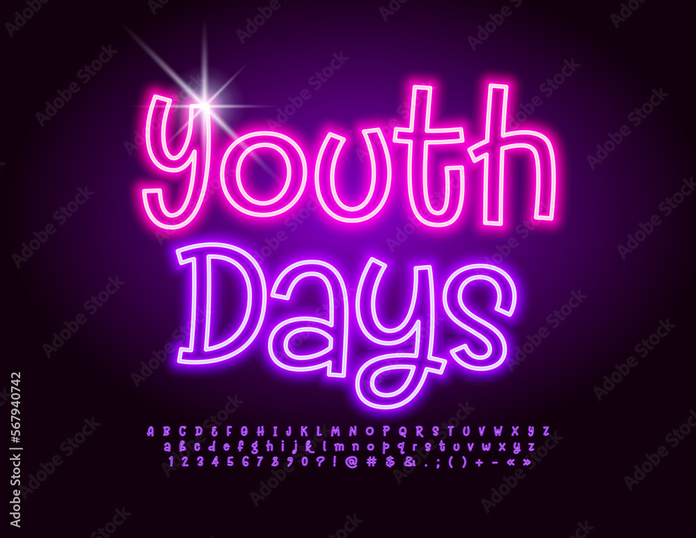 Vector neon Poster Youth Days. Funny Glowing Font. Playful style Alphabet Letters and Numbers set