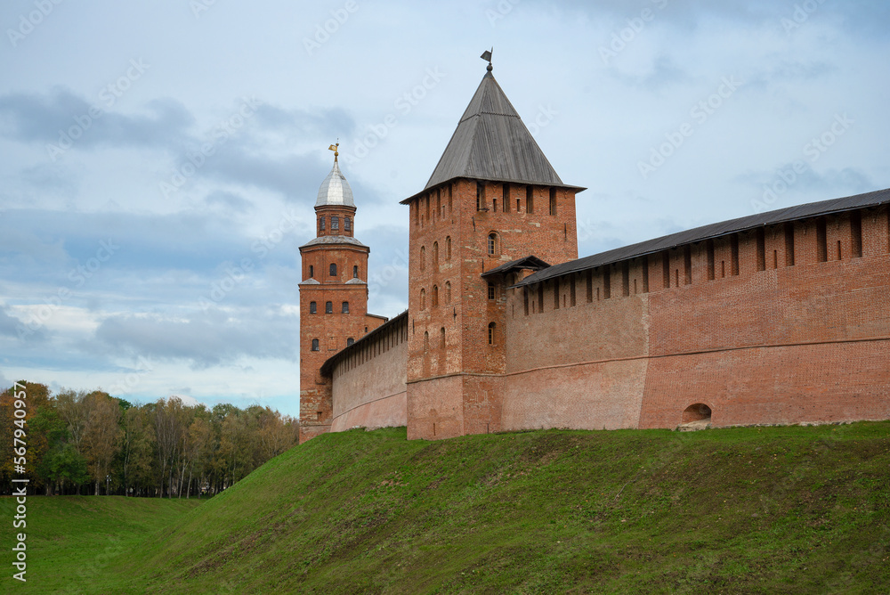 Two ancient towers of Novgorod Kremlin on October afternoon. Veliky Novgorod, Russia