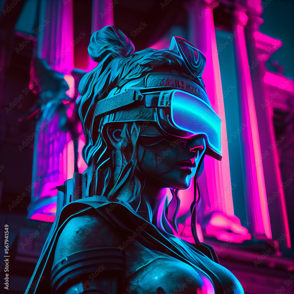 Athena statue cyberpunk style. Generative Ai. Athena statue cyberpunk style. Generative Ai.