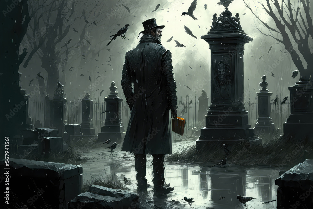 illustration painting of drunk man walking in a graveyard, digital art style. (ai generated)