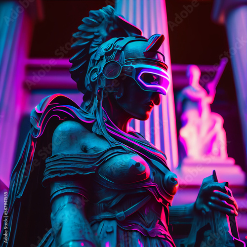 Athena statue cyberpunk style. Generative Ai.