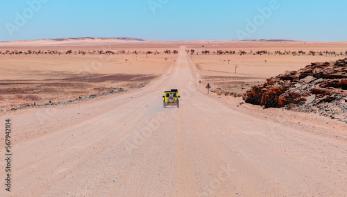 4x4 suv vehicle rides through the sand dune Namib desert - Namibia