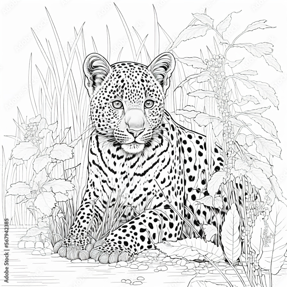 coloring book page of a leopard black and white Generative AI Stock ...