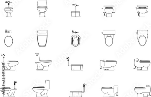 Vector sketch illustration of detailed toilet closet seen from various sides