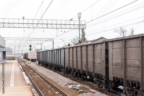 freight train stands at the railway station. cargo transportation by rail. 