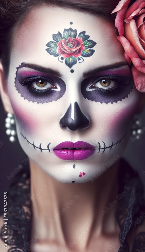 Dia de los muertos, Mexican holiday of the dead and halloween. Woman with sugar skull make up and flowers. generative AI Dia de los muertos, Mexican holiday of the dead and halloween. Woman with sugar skull make up and flowers. generative AI
