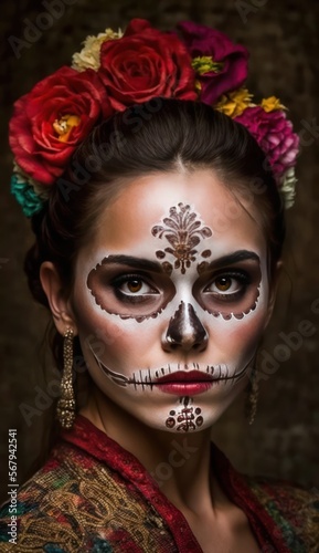 Dia de los muertos, Mexican holiday of the dead and halloween. Woman with sugar skull make up and flowers. generative AI  © Adriana