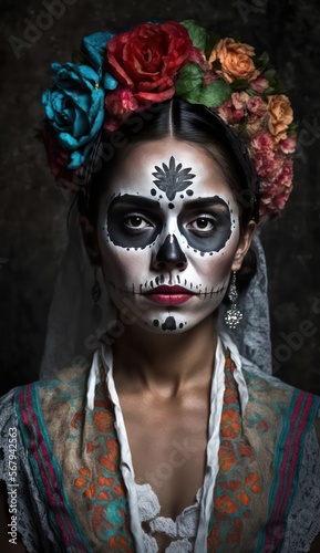 Dia de los muertos, Mexican holiday of the dead and halloween. Woman with sugar skull make up and flowers. generative AI 