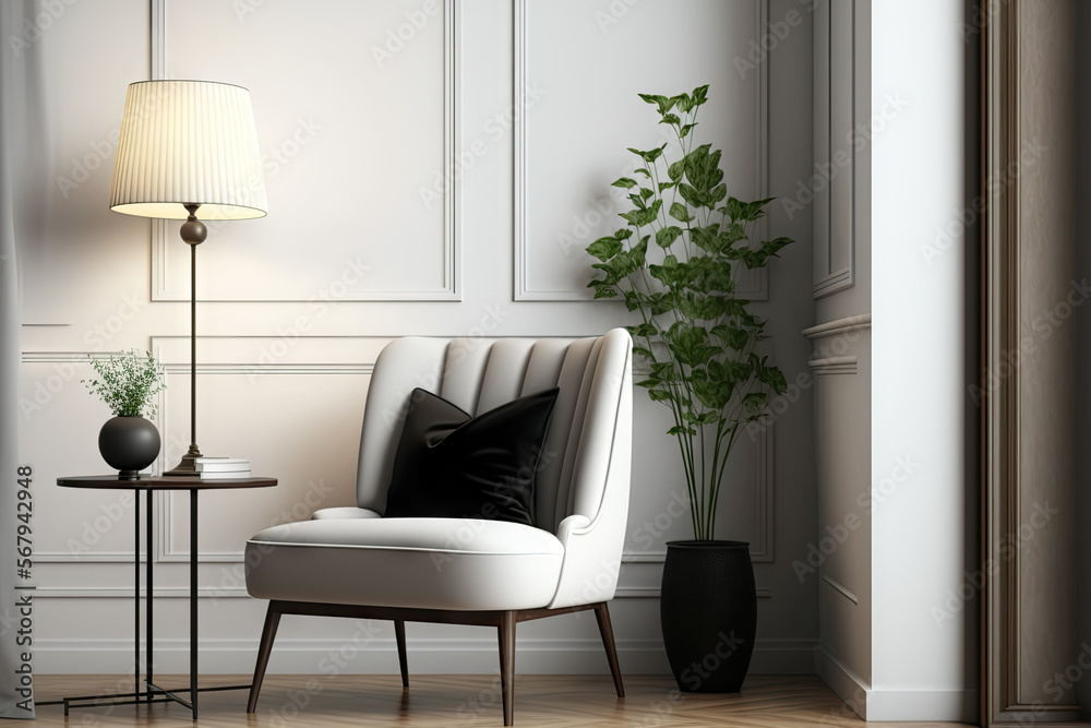 interior of a contemporary living room with a chair and a lamp. Generative AI interior of a contemporary living room with a chair and a lamp. Generative AI