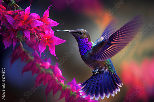 Violet Sabrewing, a hummingbird, flies near to a stunning pink blossom in a tropical environment. Generative AI photo