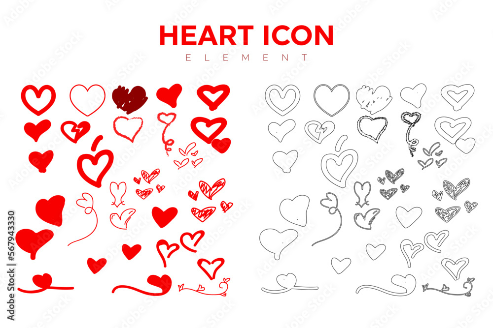 Set of valentine silhouettes of red heart love stickers. Various abstract forms of romantic relationship such as elements of wedding celebration Set of valentine silhouettes of red heart love stickers. Various abstract forms of romantic relationship such as elements of wedding celebration