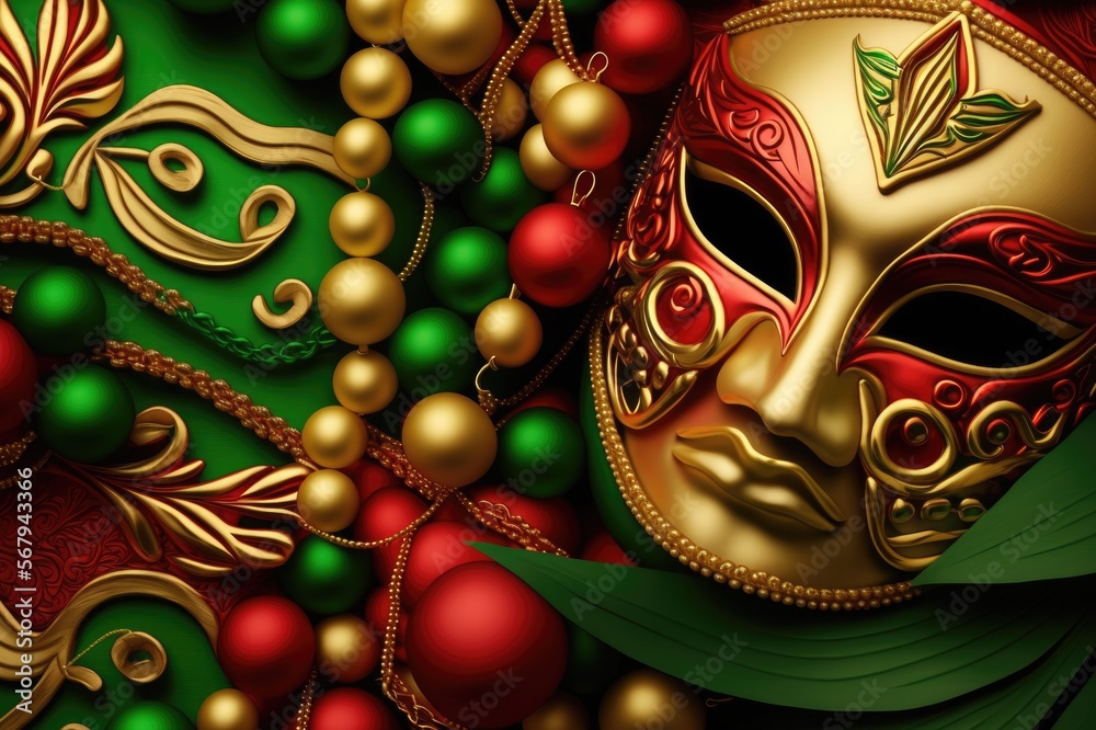 Fototapeta premium Christmas theme red, gold, and green Mardi Gras beads and masks background, ai