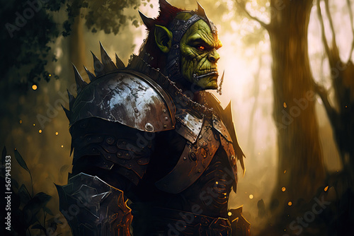 angry orc in steel and leather fantasy armor. Background of a wooded landscape in bokeh. image of an acrylic painting. grainy texture and dust scratches. Choosen Blur. Generative AI