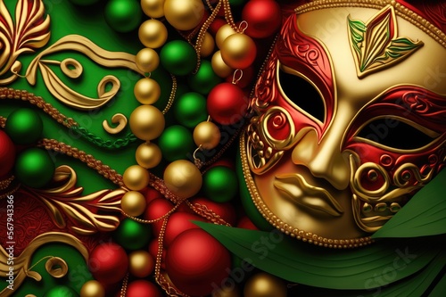 Christmas theme red, gold, and green Mardi Gras beads and masks background, ai
