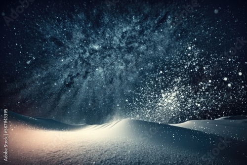 Winter background sparkling falling snow against a dark blue sky and white snowdrifts, ai