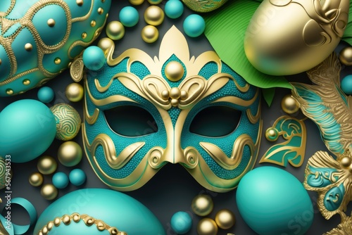 Light blue, gold, and light green Mardi Gras and masks background for Easter include eggs and beads, ai © Michael
