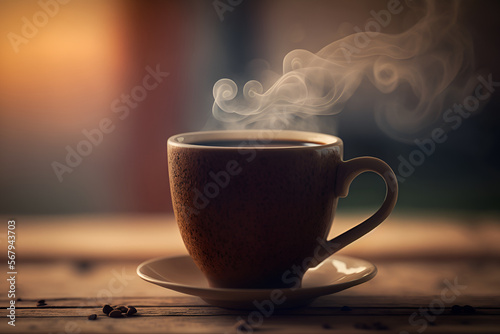 cup of coffee with smoke. Steaming hot coffee on a table: Enjoy the rich aroma and warmth of freshly brewed coffee. Perfect for coffee lovers, bloggers, and foodies. 