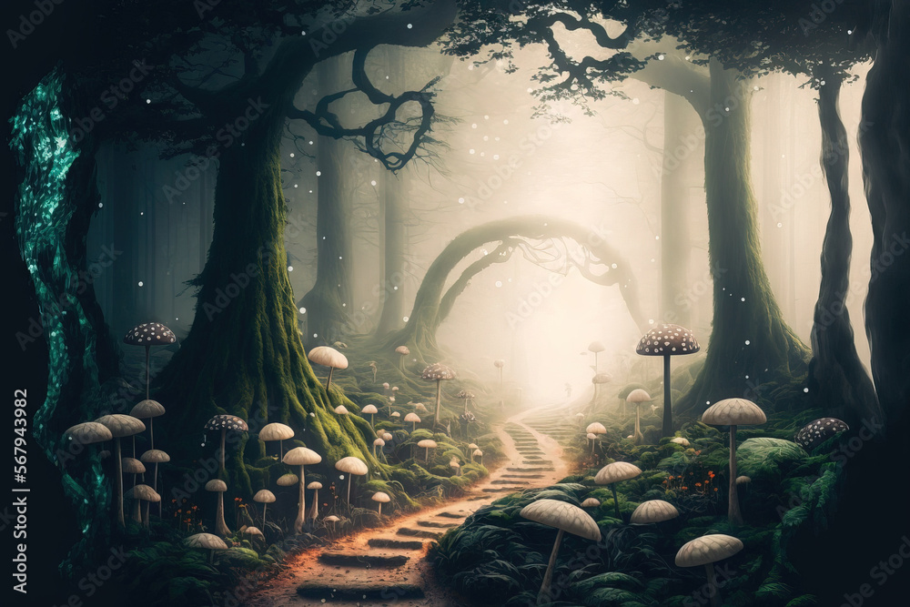 Fantastic dreamlike forest scene with a road, ferns, and mushrooms. White rabbits dart across the trees in the mist. illustration. Generative AI