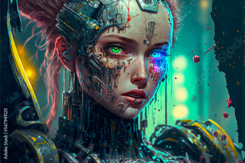 Illustration of fictional cyborg robot girl. Mechanical element is blended into her body, lobotomy operation, cry, cyberpunk concept. Made with Generative AI