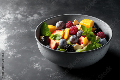 On a gray concrete background, a bowl of fresh fruit salad looks healthy. looking up. Copy space. Generative AI