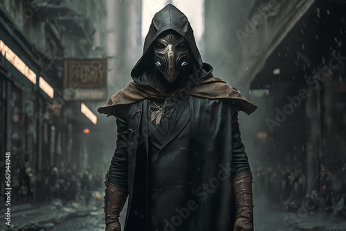 A portrait of a man wearing a dark leather assassin costume and a mask, with a long black cloak, in a Gothic Steampunk style - Generative AI photo
