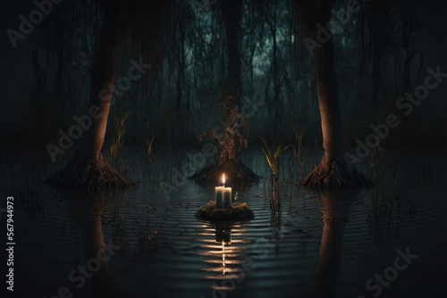 Romantic Candle Dinner At Dark Eerie Swamp  generative AI 