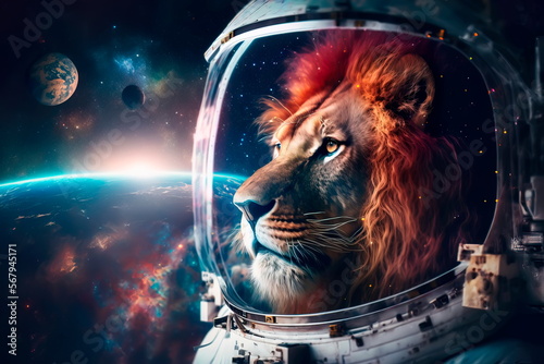 Beautiful Lion in outer space.First trip to space. Generative AI © Лилия Захарчук