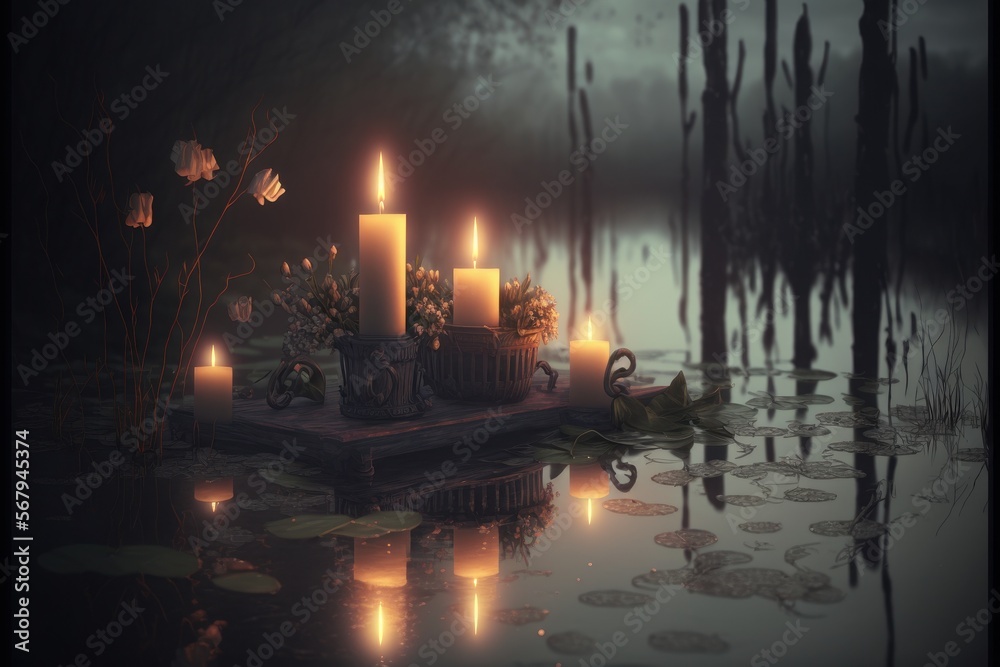 Romantic Candle Dinner At Gloomy Eerie Swamp (generative AI) Romantic Candle Dinner At Gloomy Eerie Swamp (generative AI)