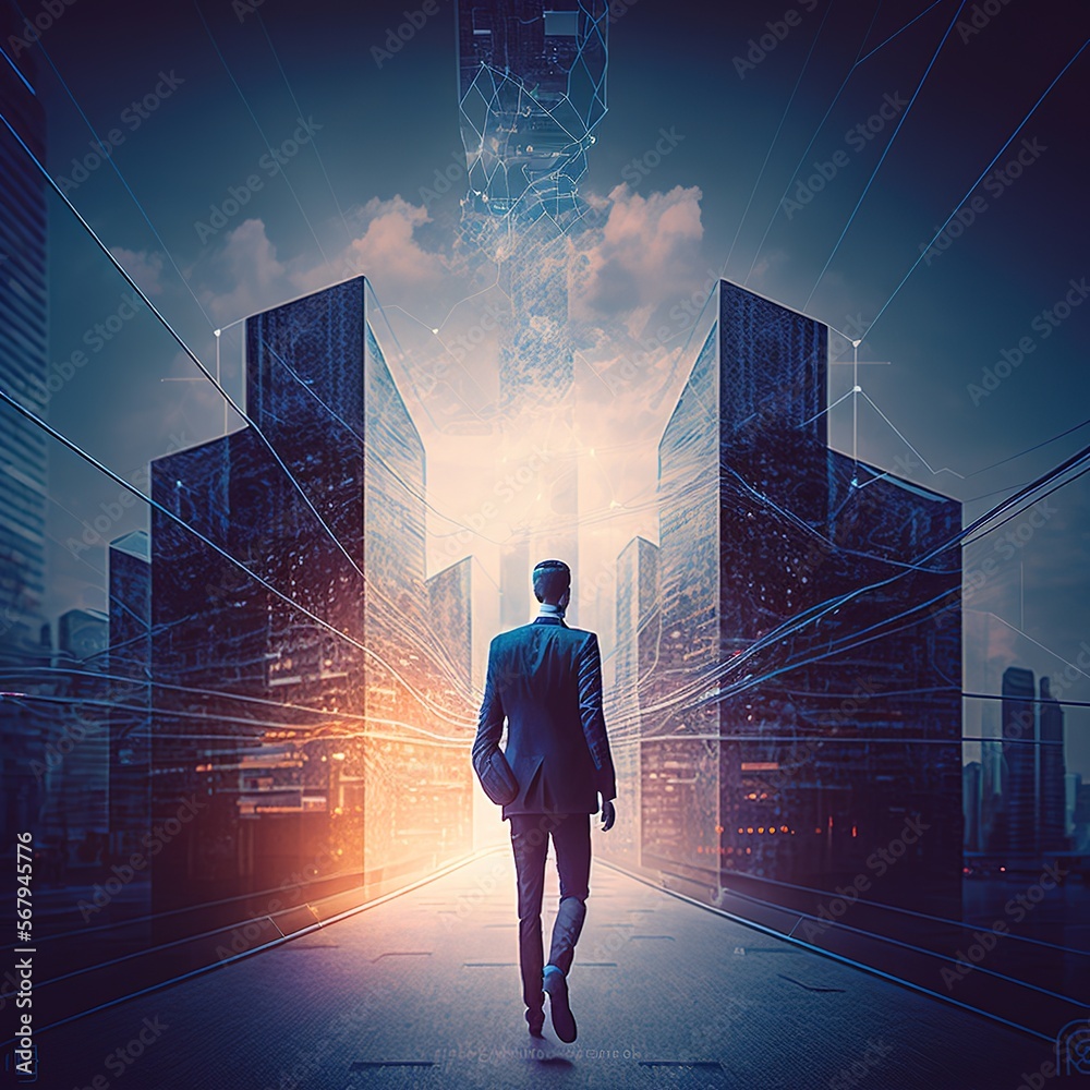 Obraz premium Businessman walking on virtual reality platform to futuristic smart city of opportunity with internet cyber network connection on high building, Generative AI
