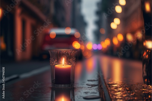 Romantic Candle Dinner At Rainy City Street With Neon Lights (generative AI)