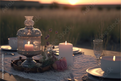 Romantic Candle Dinner At Rolling Scenic Prairies (generative AI)