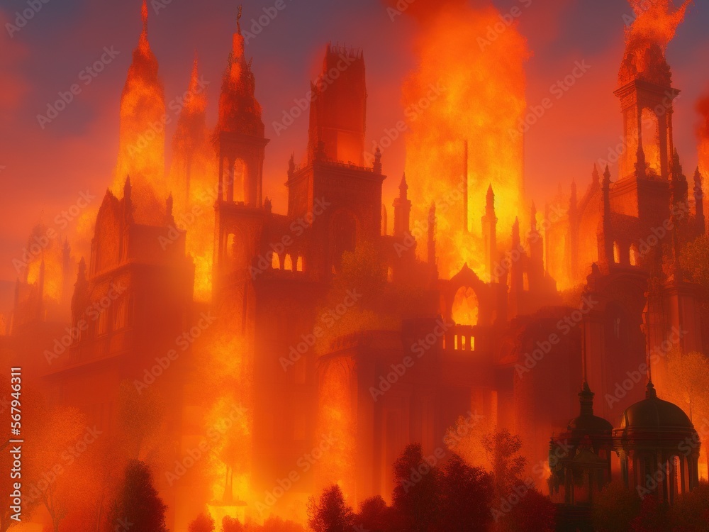 a painting of a castle on fire with a sky background that is red and orange and has a lot of smoke.generative Ai.