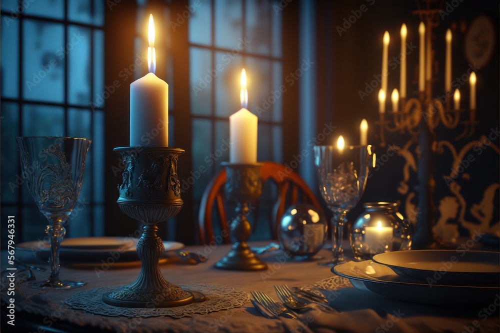 Romantic Candle Dinner At Haunted Hotel (generative AI)