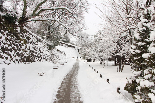Beautiful Winter Scenery of Kanazawa Castle After Heavy Snowfall in Japan © marcuspon