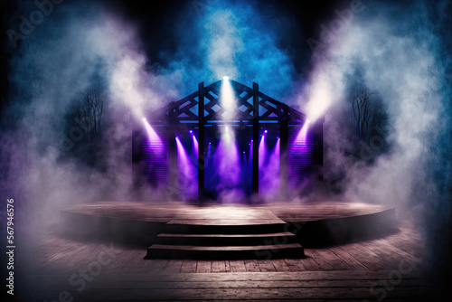 wooden stage with spotlights and blue smoke. a presentation idea. Generative AI
