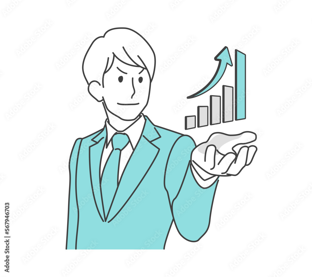 上昇するグラフと自信満々の表情の若いビジネスマン 上昇するグラフと自信満々の表情の若いビジネスマン