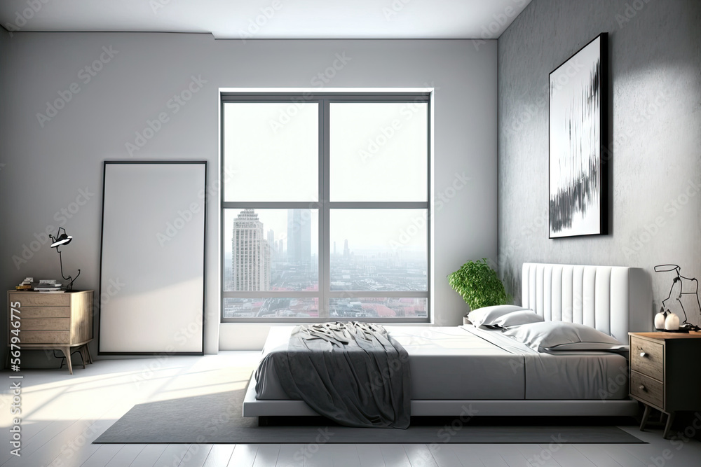 Modern bedroom interior with furniture, a whiteboard that is empty, a view of the city, and daylight. frontal, mocking,. Generative AI Modern bedroom interior with furniture, a whiteboard that is empty, a view of the city, and daylight. frontal, mocking,. Generative AI