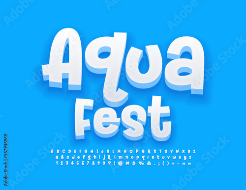 Vector funny Emblem Aqua Fest. Playful White 3D Font. Creative Alphabet Letters and Numbers