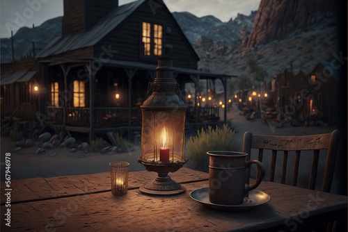 Romantic Candle Dinner At Abandoned Gold Rush Town (generative AI)