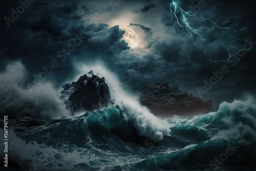 Picture of a stormy sea atop a dark night with lightning. Generative AI