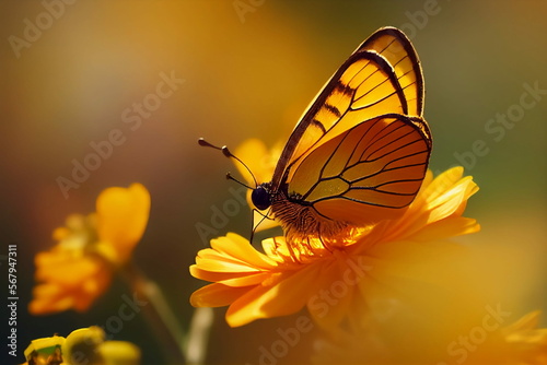Yellow butterfly over a sunflower in nature amazing wings garden blurry generative ai