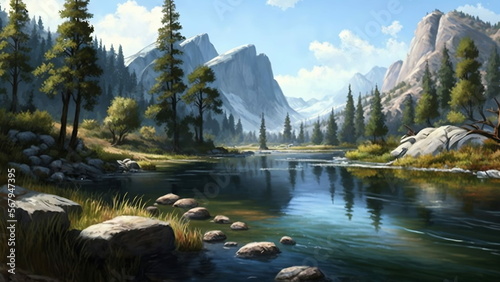 Computer wallpaper. Beautiful mountain landscape with a river and trees. Relaxing. © Scott